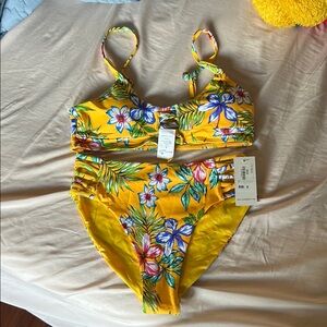 NWT Floral Yellow High Waisted Bikini Set with Ladder Cutouts